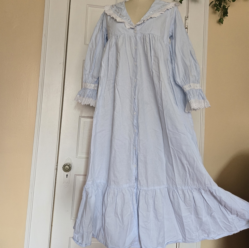 Baby Blue Cotton Nightgown - Flower Buttons - XS - The One For U - Ruffle Hem